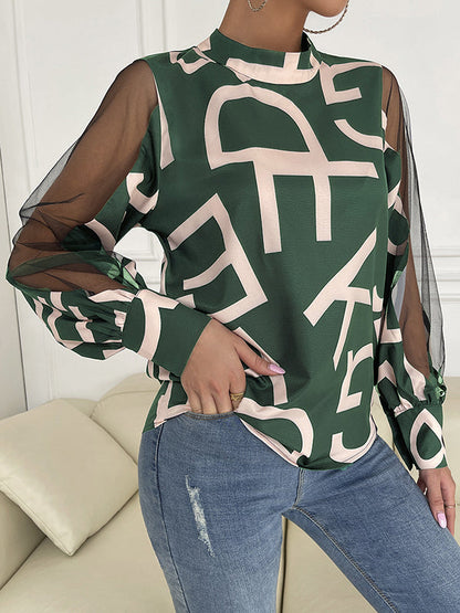 Long Sleeves Buttoned Hollow Letter Print See-Through Split-Joint Round-neck Blouses&shirts Tops Shirts Tops