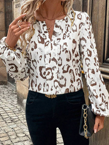 Long Sleeves Loose Contrast Color Elasticity Leopard V-Neck Blouses&Shirts Tops