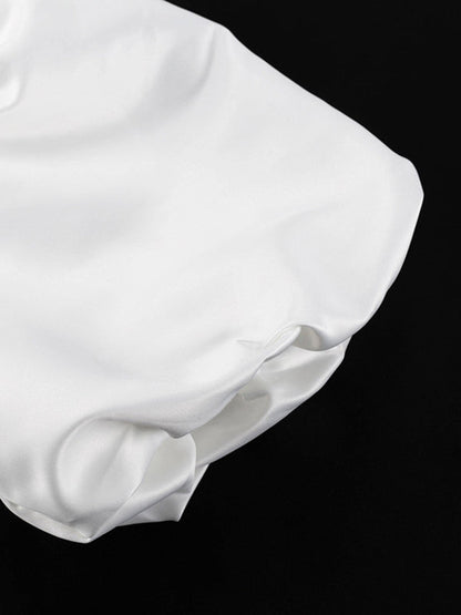 Loose Puff Sleeves Hollow Solid Color Split-Joint Round-Neck Blouses