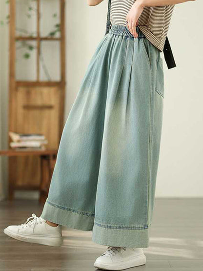 Loose Wide Leg Elasticity Pleated Pockets Jean Pants Bottoms Trousers