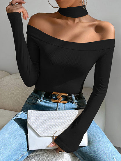 Langärmlige, schmale, einfarbige, schulterfreie T-Shirts 