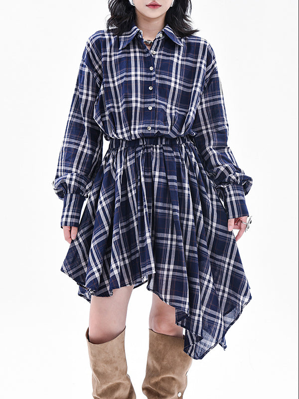 High-Low Irregularity Elasticity Plaid Lapel Collar Midi Dresses