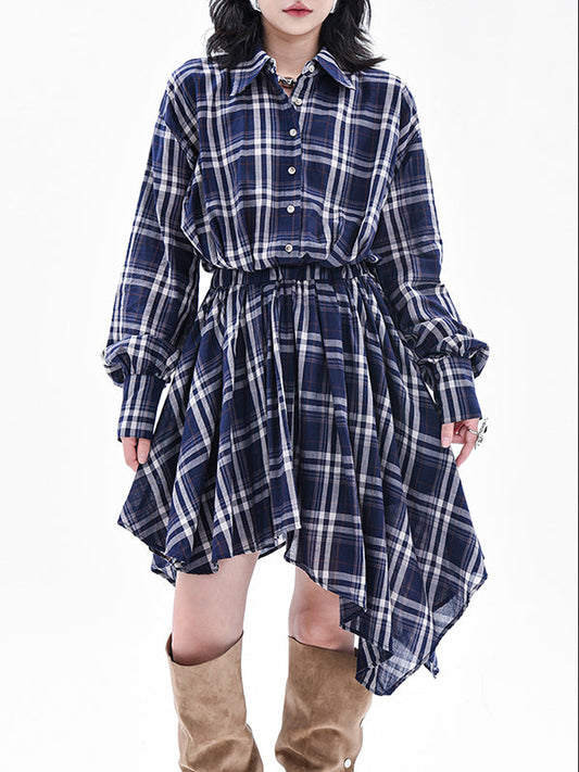 High-Low Irregularity Elasticity Plaid Lapel Collar Midi Dresses