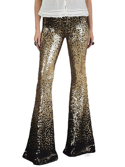 Pantalon évasé à jambe skinny, dégradé de couleurs contrastées, paillettes brillantes 