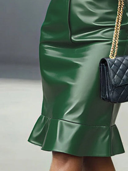 Bodycon Long Sleeves Buttoned Elasticity Ruffle Trim Solid Color Split-Joint Lapel Midi Dresses