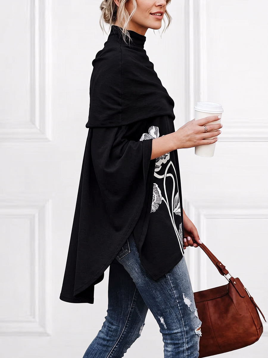 Flower Print Wrap Three-quarter Sleeves High-neck Blouses&shirts Tops