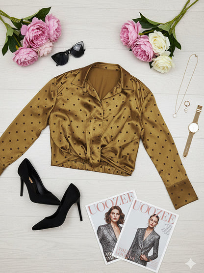 Irregularity Long Sleeves Polka-Dot Twist Lapel Collar Blouses&Shirts Tops