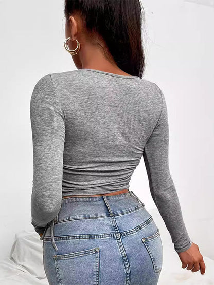 Long Sleeves Skinny Comfort Ribbed Solid Color Round-Neck T-Shirts Tops