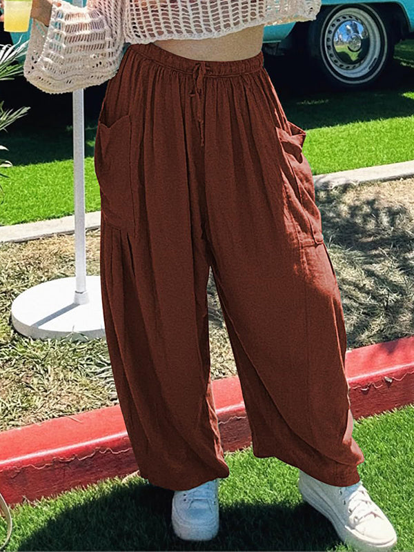 Pantalon taille haute ample avec cordon de serrage et poches plissées, couleur unie 