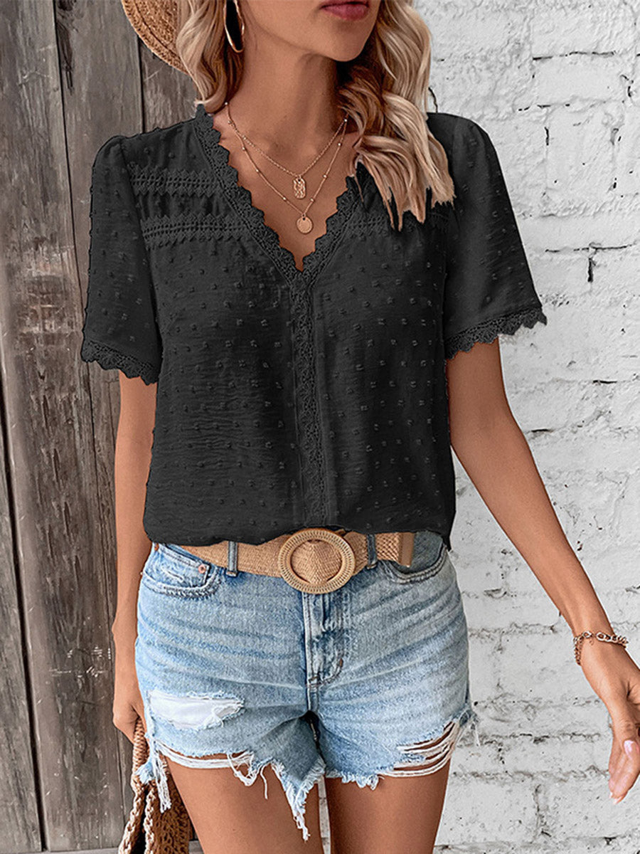 Loose Short Sleeves Jacquard Solid Color Split-Joint Textured V-Neck T-Shirts Tops