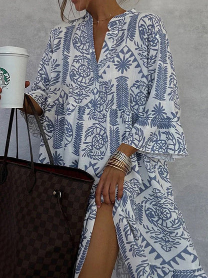 Loose Three-Quarter Sleeves Falbala Printed V-Neck Midi Dresses