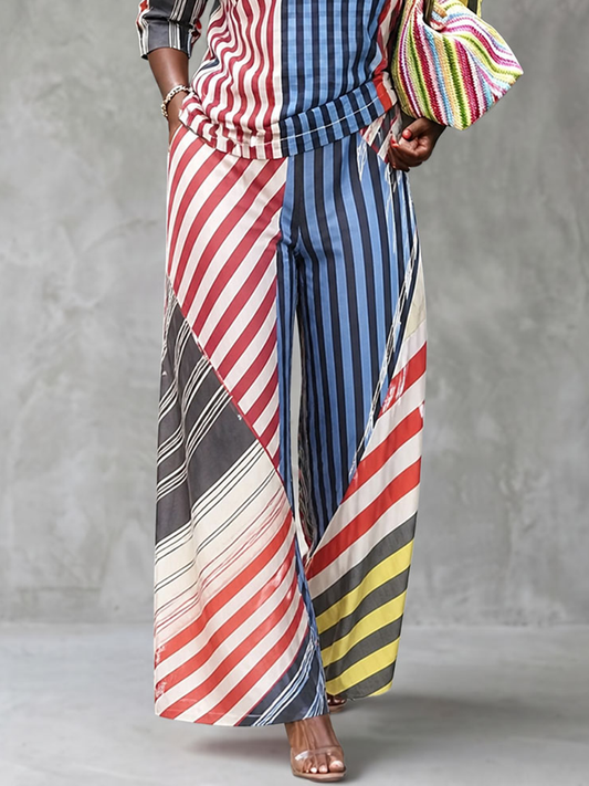 Striped Split-Joint Pockets Wide Leg Loose Trousers Pants