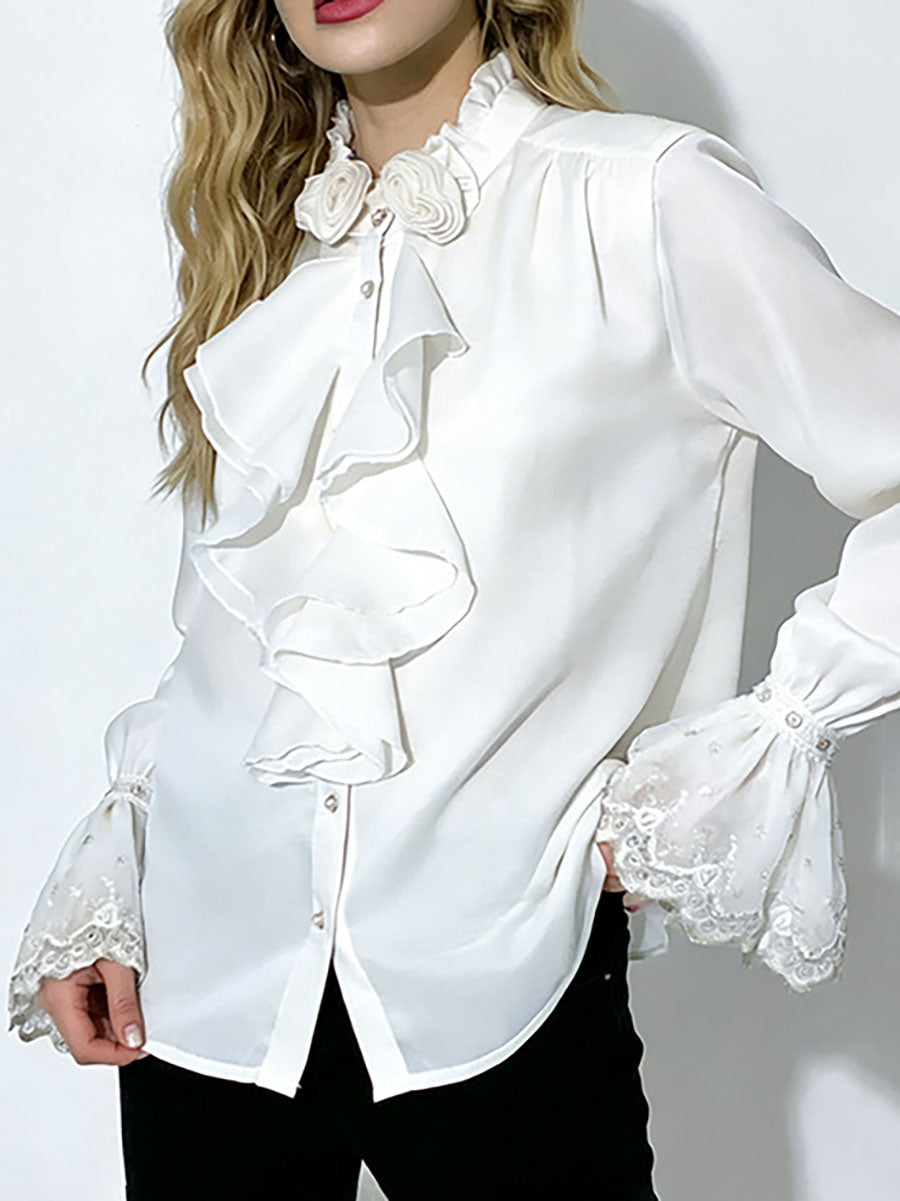 Long Sleeves Ruffle Sleeves Buttoned Pleated Ruffled Solid Color Split-Joint Stand Collar Blouses&Shirts Tops