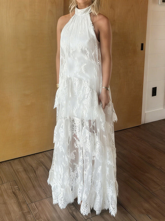 Zipper Split-Joint Solid Color See-Through Jacquard Sleeveless Loose Halter-Neck Maxi Dresses