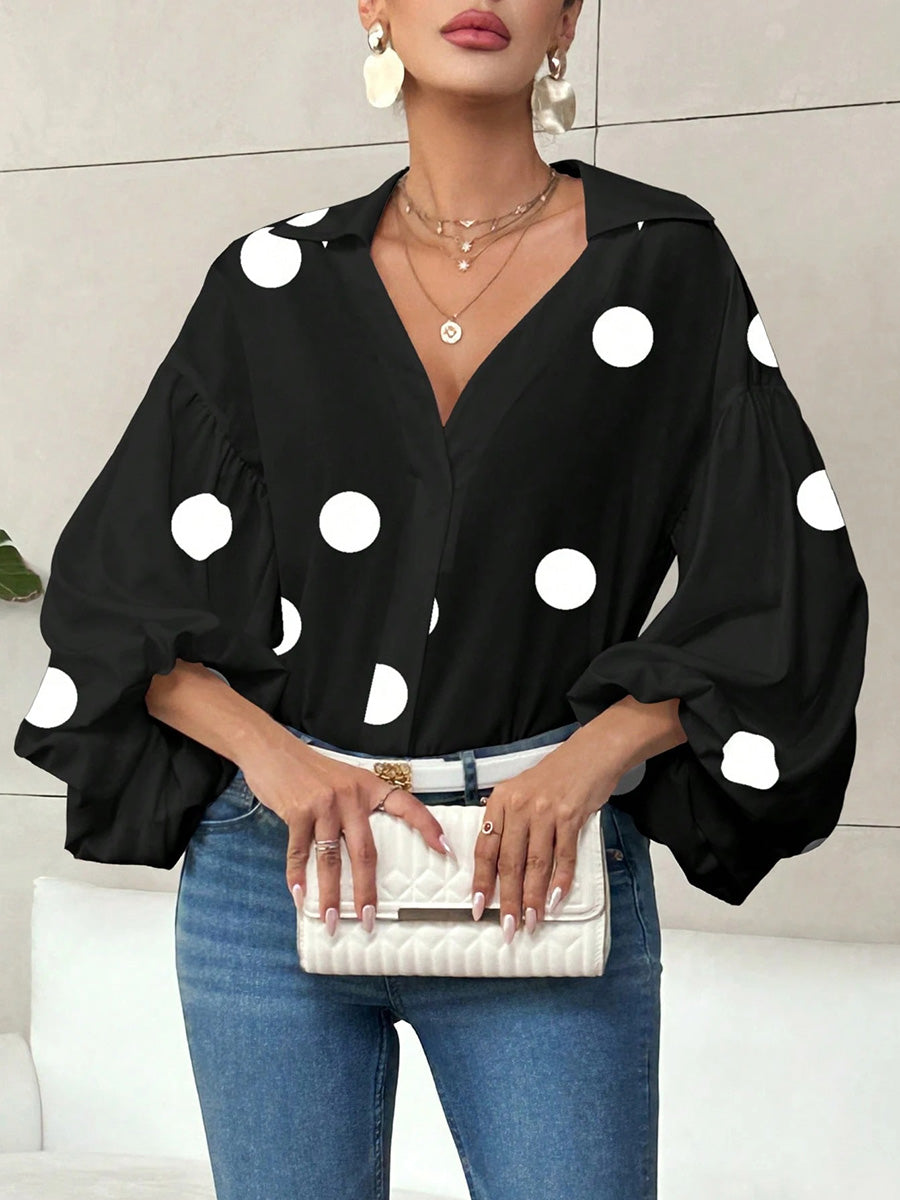 Long Sleeves Loose Contrast Color Pleated Polka Dot Split-Joint Lapel Blouses&Shirts Tops