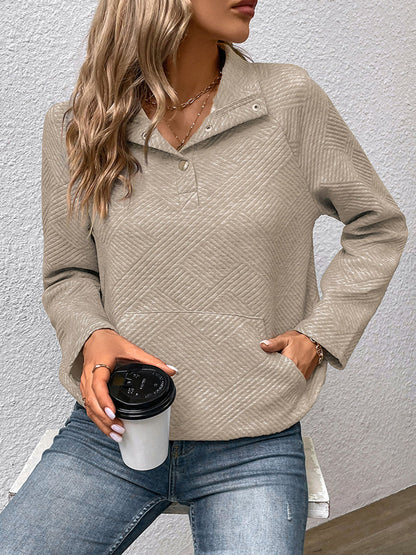 Textured Split-Joint Solid Color Pockets Buttoned Loose Long Sleeves Polo Sweatshirt Tops