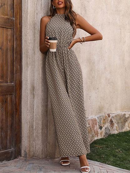 Loose Wide Leg Elasticity Printed Split-Joint Round-Neck Jumpsuits
