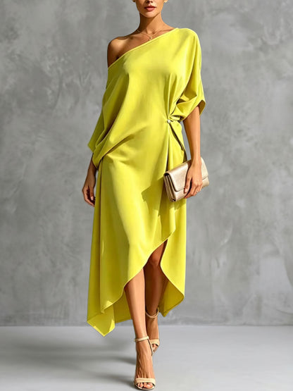 Solid Color Buttoned Backless Asymmetric Loose High-low One-shoulder Maxi Dresses