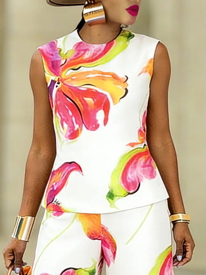 Loose Sleeveless Contrast Color Flower Print Round-Neck Tank