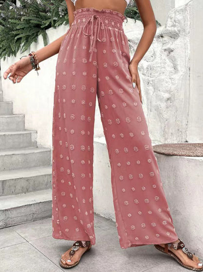 Pantalon taille haute ample avec cordon de serrage élastique en jacquard de couleur unie 