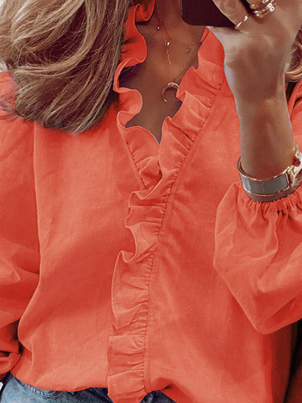 Puffärmel Falbala Einfarbige Blusen mit V-Ausschnitt 