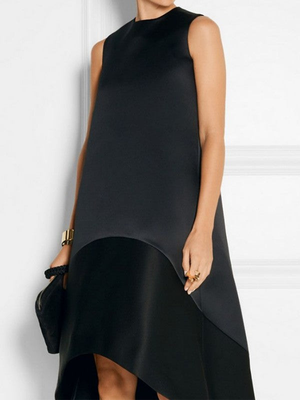 High-Low Loose Solid Color Split-Joint Round-Neck Midi Dresses