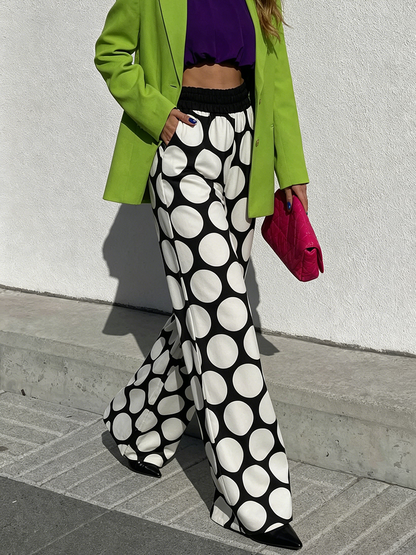 High Waisted Wide Leg Contrast Color Elasticity Pockets Polka Dot Pants Trousers