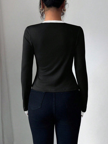 Long Sleeves Solid Color Split-Joint Collarless Two Pieces Set