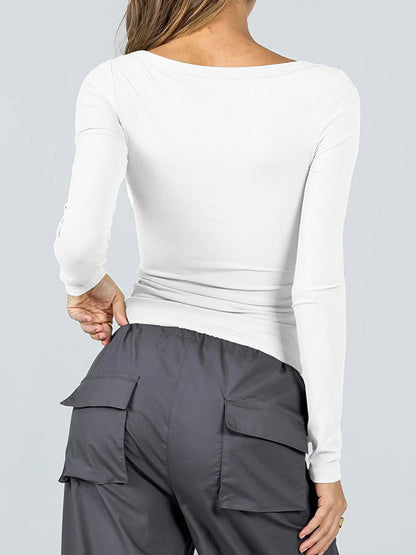 T-shirts à manches longues, slim, couleur unie, col en U 