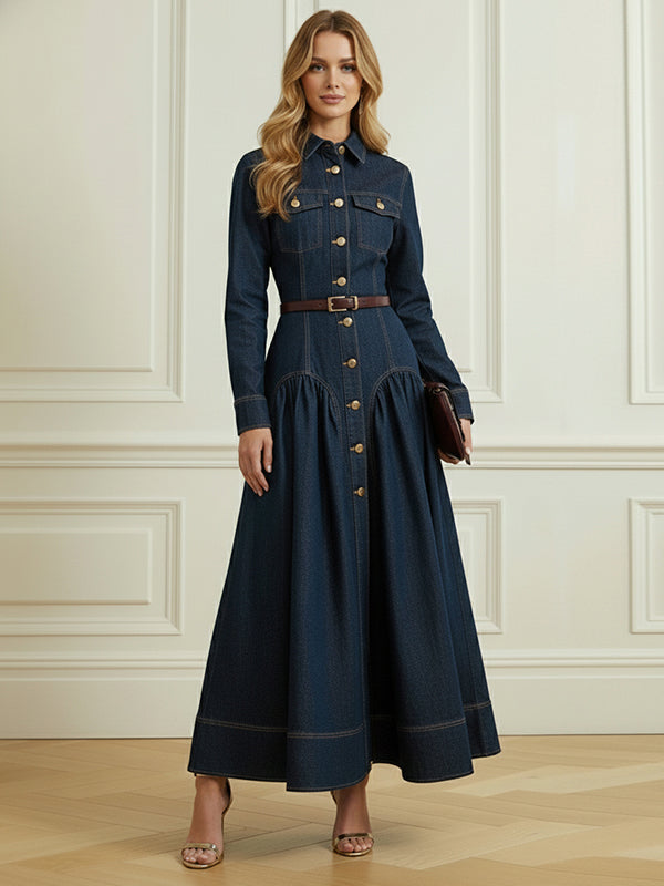 A-Line Elasticated Waist Belted Buttoned Single-Breasted Lapel Collar Maxi Dresses Shirt Dress