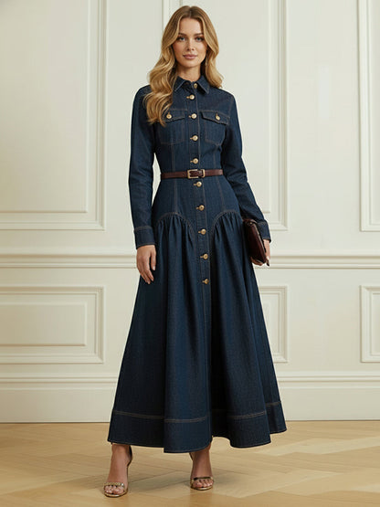 A-Line Elasticated Waist Belted Buttoned Single-Breasted Lapel Collar Maxi Dresses Shirt Dress