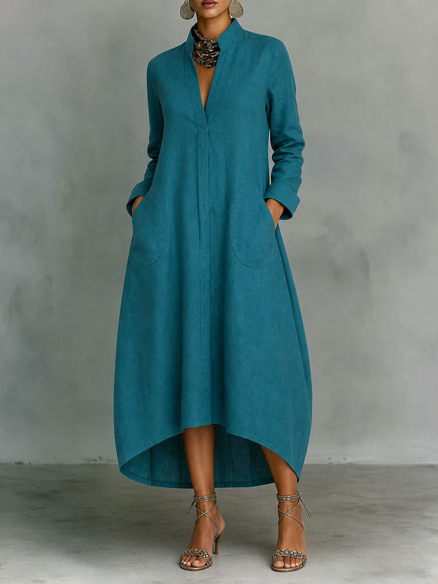 Solid Color Pockets Loose Long Sleeves V-neck Midi Dresses