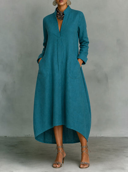 Solid Color Pockets Loose Long Sleeves V-neck Midi Dresses