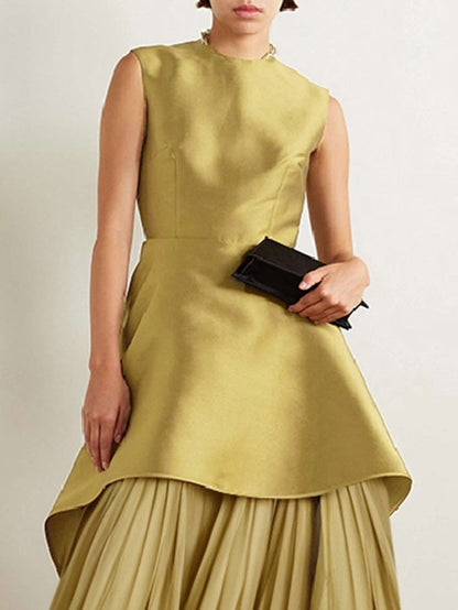 A-Line Loose Pleated Solid Color Split-Joint Tiered Round-Neck Evening Dresses Maxi Dresses