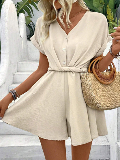 Loose Raglan Sleeve Pleated Solid Color Split-Joint V-Neck Rompers