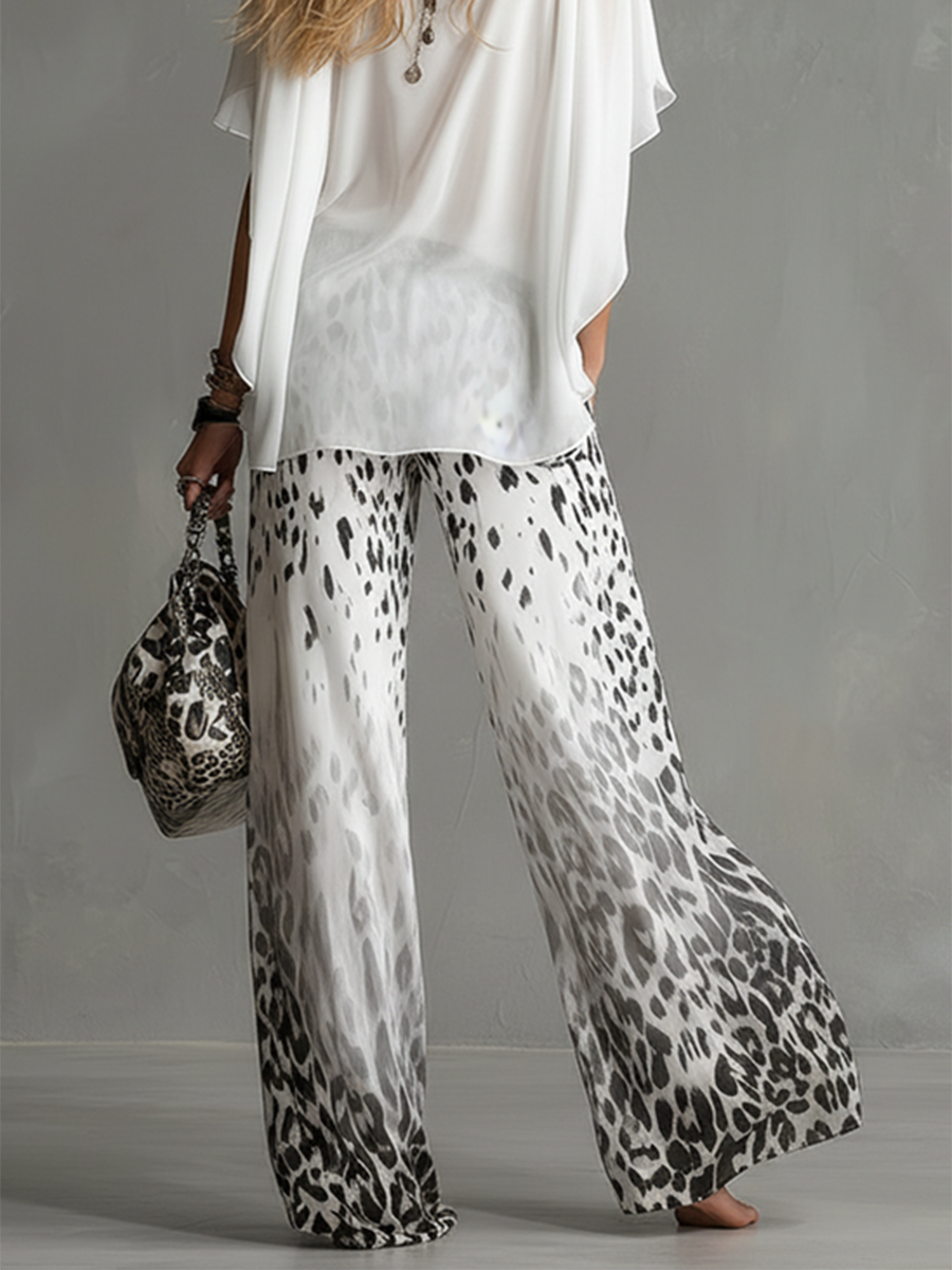 Pockets Leopard Gradient Elasticity Wide Leg Loose Wide Leg Pants Trousers