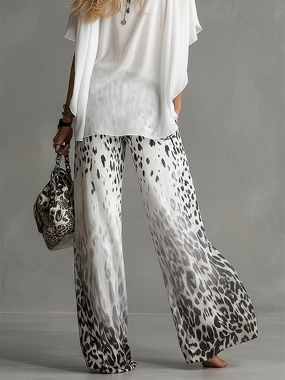 Pockets Leopard Gradient Elasticity Wide Leg Loose Wide Leg Pants Trousers