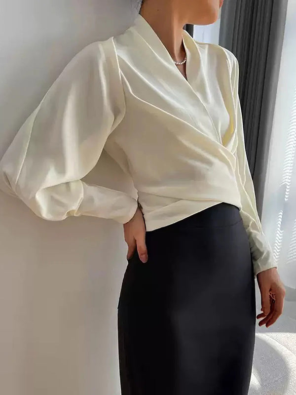 Langarm Einfarbig Reißverschluss V-Ausschnitt Blusen &amp; Hemden Tops 