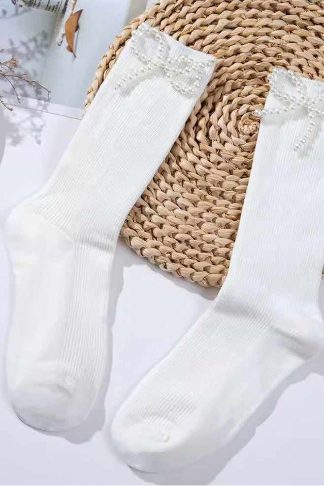 Pearl Bow Classic Ribbed Crew Socks