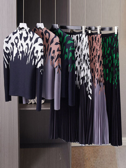 Long Sleeves Printed Mock Neck T-Shirt Top + Pleated A-Line Skirts Bottom Two Pieces Set