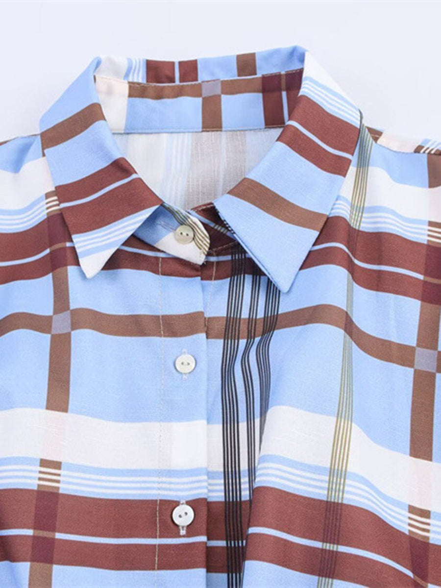 Tied Plaid Contrast Color Buttoned Loose Long Sleeves Lapel Midi Dresses