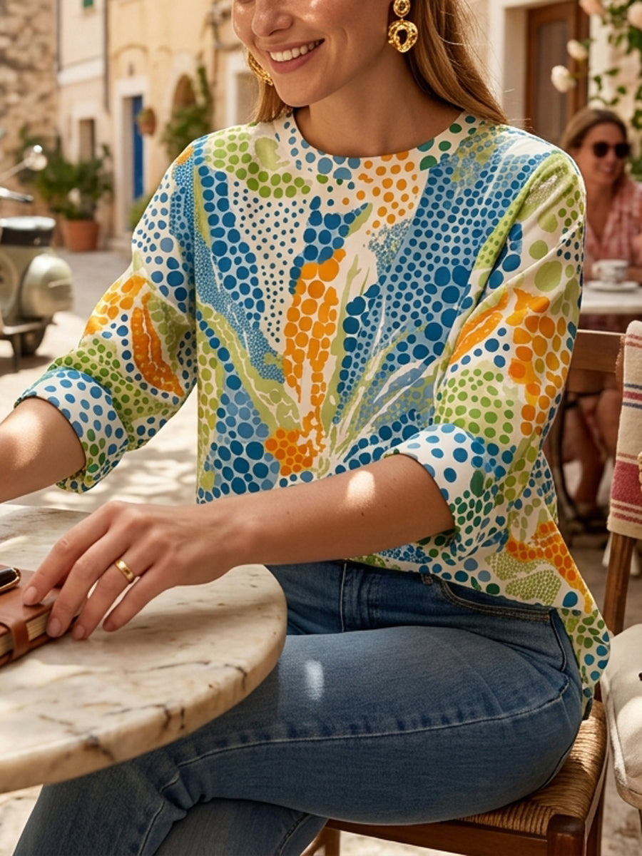 High-Low Loose Contrast Color Printed Round-Neck T-Shirts Tops