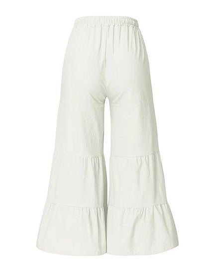 High Waisted Loose Drawstring Elasticity Pleated Solid Color Split-Joint Pants Trousers