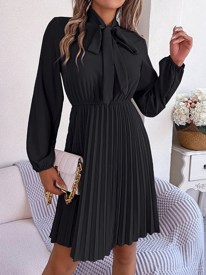 Long Sleeves Loose Pleated Solid Color Tied Mock Neck Mini Dresses