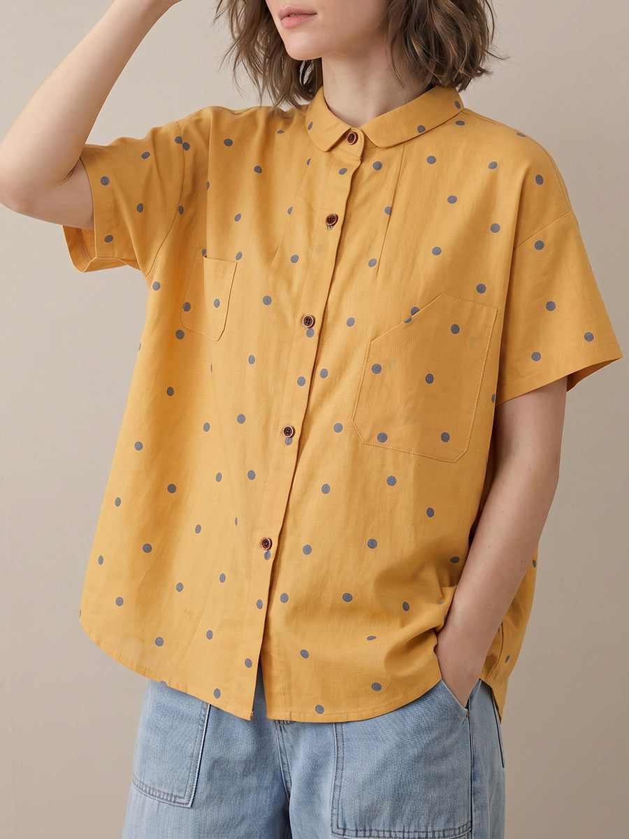 Loose Plus Size Buttoned Contrast Color Pockets Polka Dot Lapel Blouses&Shirts Tops