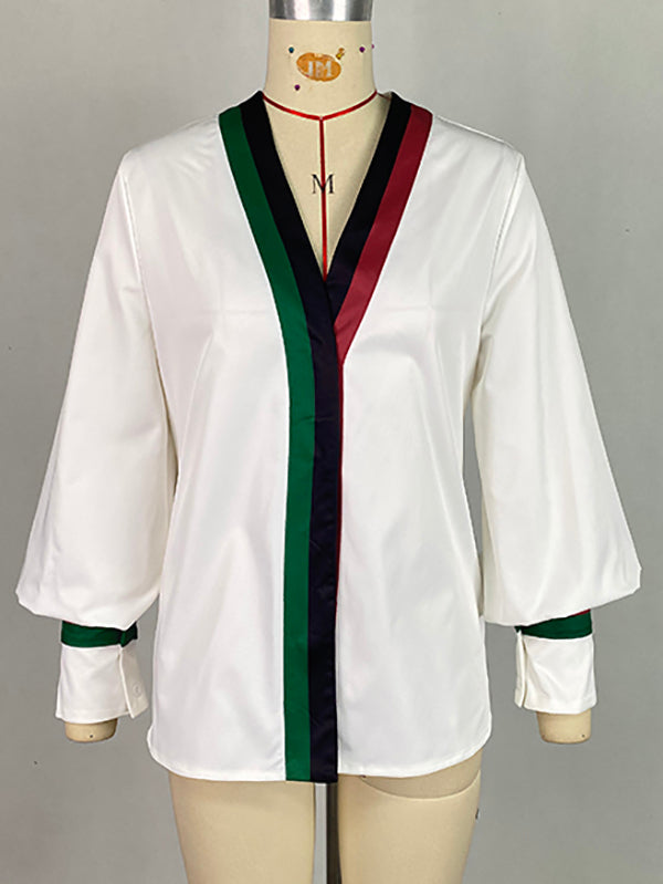 Lange Ärmel, lockere Kontrastfarbe, plissierte Blusen und Hemden mit V-Ausschnitt 