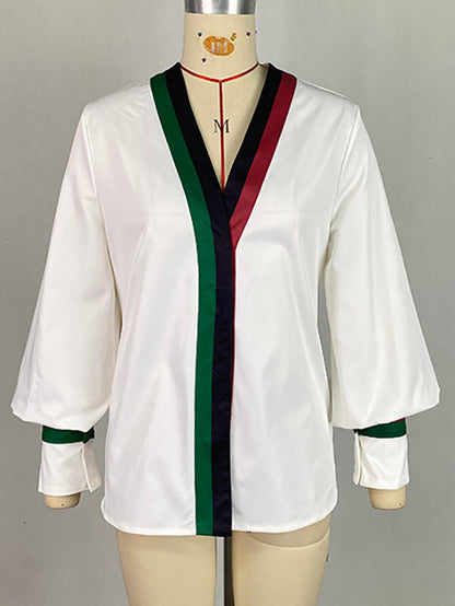 Lange Ärmel, lockere Kontrastfarbe, plissierte Blusen und Hemden mit V-Ausschnitt 