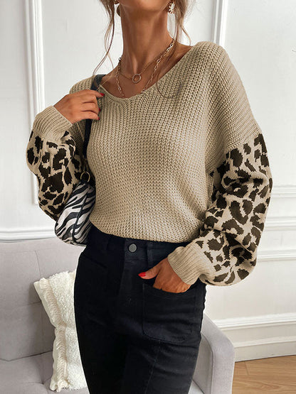 Loose Puff Sleeves Leopard Split-Joint V-Neck Sweater Tops