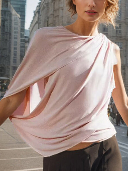 Loose Sleeveless Pleated Solid Color Round-Neck T-Shirts Tops