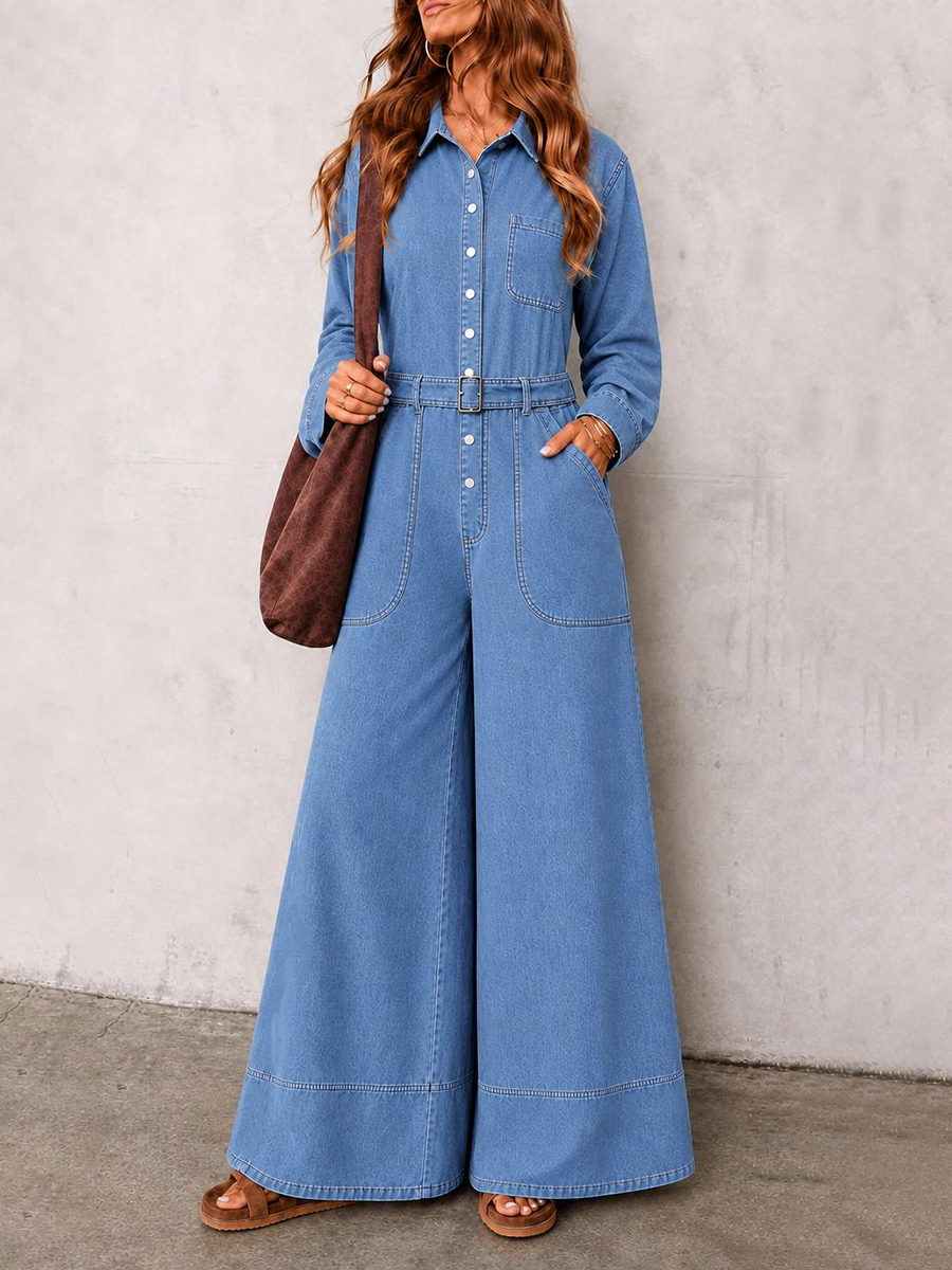 Split-Joint Solid Color Pockets Buttoned Belted Wide Leg Long Sleeves Lapel Jumpsuits